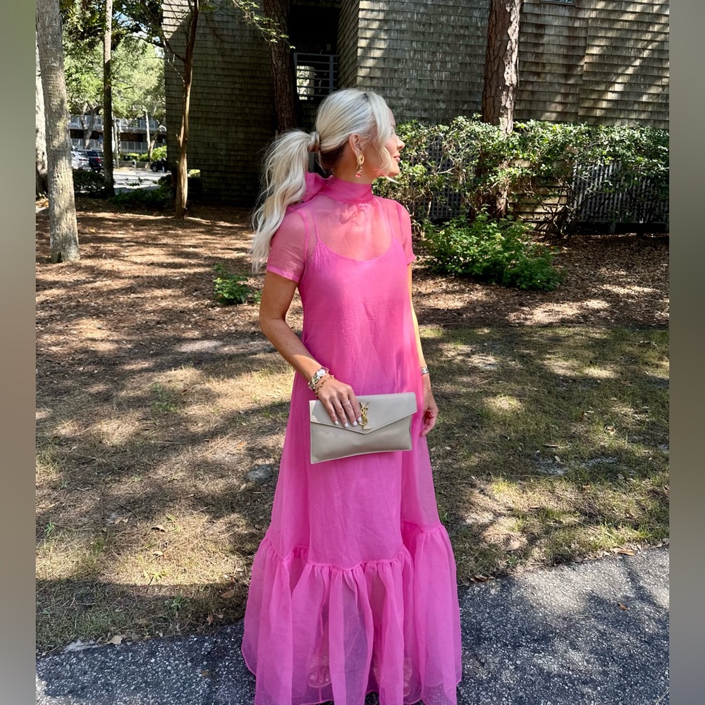 STAUD Pink Ruffled Maxi Gown for Wedding Guests
